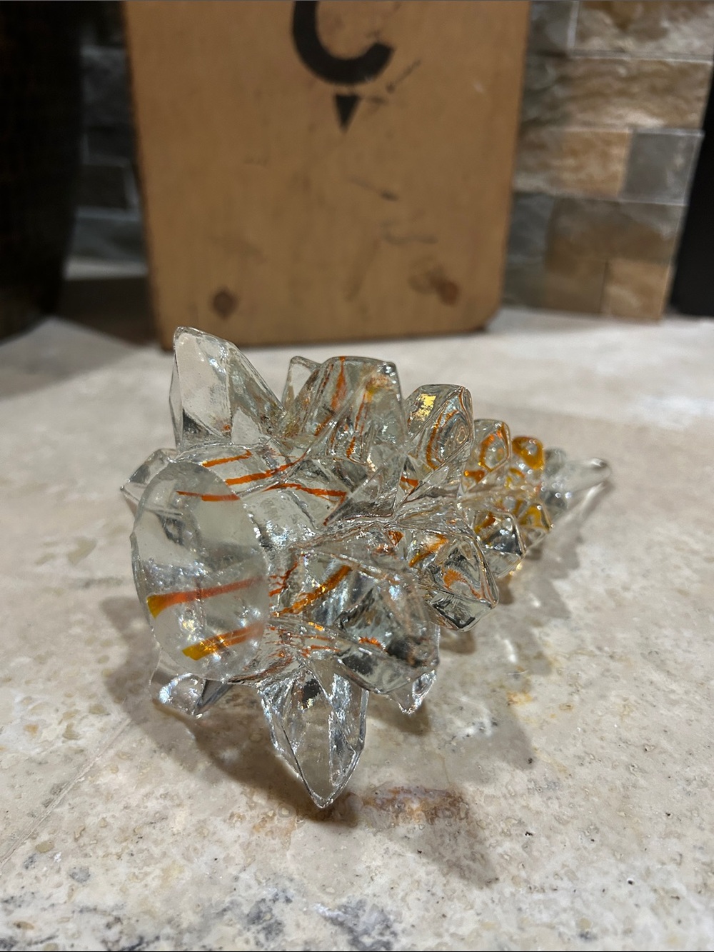 vintage clear art glass Christmas tree figurine with orange stripes - Picture 11 of 12
